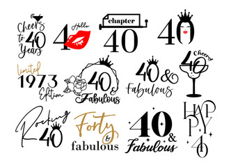 Forty and fabulous 40th birthday celebration. Cake topper shirt template for cut file set. Cheers to forty years anniversary.