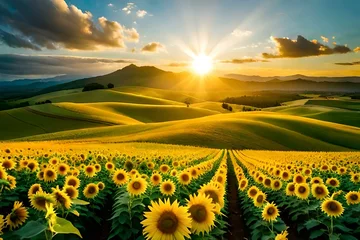 Foto auf Acrylglas sunflower field with dark  cloudy sky © Johnny arts