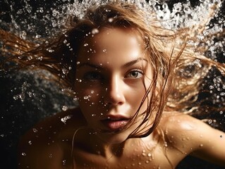 a young woman is underwater with hair and water around her face