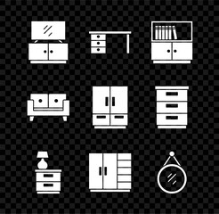Set TV table stand, Office desk, Library bookshelf, Furniture nightstand with lamp, Wardrobe, Mirror, Sofa and icon. Vector