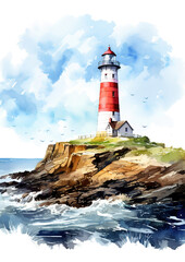 Fototapeta na wymiar Old lighthouse on the shore of the sea, lighthouse on the coast. Digital watercolor paintings sea landscape, fine art , generative ai 