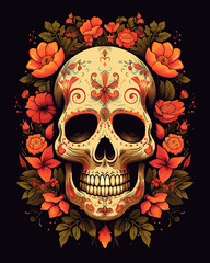 Skull completely drawn with flowers. Dia de los Muertos, or Day of the Dead, is a Mexican holiday known for its colorful and elaborate decorations, generative ai 