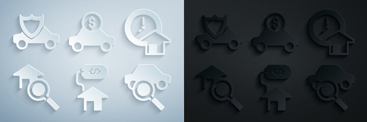 Set House with dollar, Time is money, Search house, Car sharing, rental and shield icon. Vector