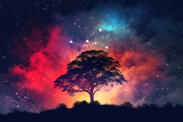 a nebula and stars with a silhouette of a tree. made using generative AI tools