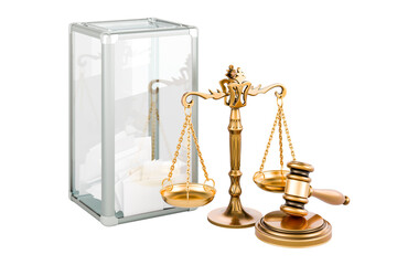 Ballot box with wooden gavel and scales of justice. 3D rendering