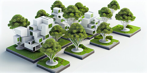 Conceptual 3D layout of a fragment of a modern eco-friendly green city. Generative AI