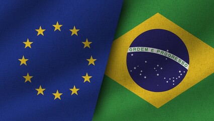 Brazil and European Union Realistic Two Flags Together, 3D Illustration