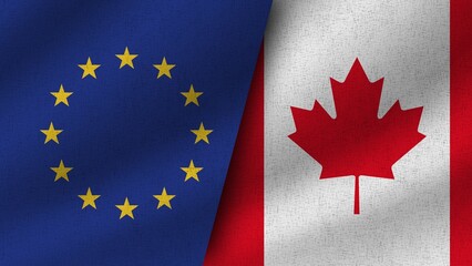 Canada and European Union Realistic Two Flags Together, 3D Illustration