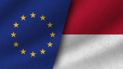 Indonesia and European Union Realistic Two Flags Together, 3D Illustration