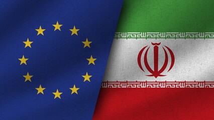 Iran and European Union Realistic Two Flags Together, 3D Illustration