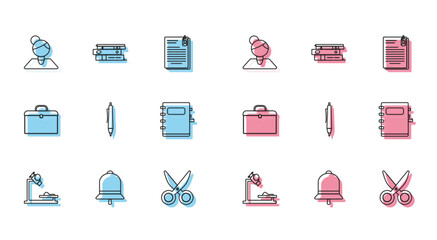 Set line Microscope, Ringing bell, Teacher, Scissors, Pen, Notebook, Briefcase and Office folders with papers and documents icon. Vector