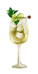 Watercolor coctail, hugo spritz, mojito, sparkling wine, soda, martini. Summer drink refreshing illustration, low alcohol beverage, coctail bar menu, aperitif, liquor. Elderflowers, lemon, lime, mint