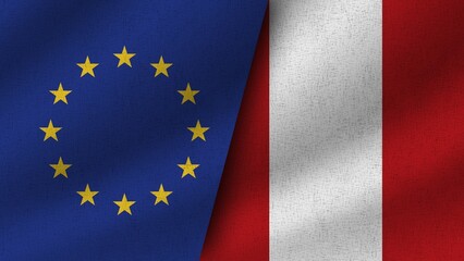 Peru and European Union Realistic Two Flags Together, 3D Illustration