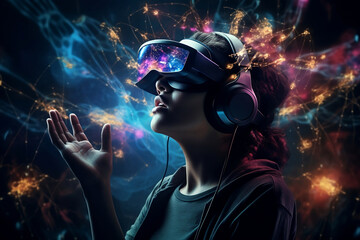 User immersed in augmented reality environment wearing a VR headset, seamlessly blending digital elements with physical world, experiencing innovative gaming and learning opportunities. Generative AI