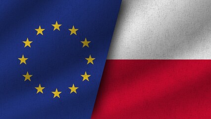 Poland and European Union Realistic Two Flags Together, 3D Illustration