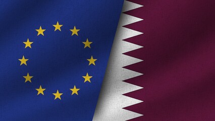 Qatar and European Union Realistic Two Flags Together, 3D Illustration