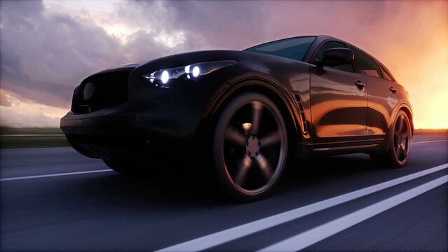 Luxury black car on highway. Very fast driving.