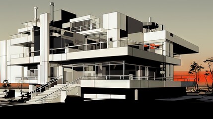 Modern building. AI generated art illustration.