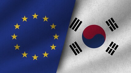 South Korea and European Union Realistic Two Flags Together, 3D Illustration