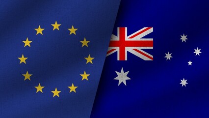 Australia and European Union Realistic Two Flags Together, 3D Illustration