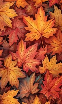 Maple leaves in fall autumn colors of orange  yellow and red on the ground