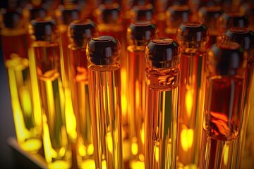 In a scientific environment, close-up of glass test tubes filled with a thick, yellow liquid. assessing the notion of refining petroleum products - obrazy, fototapety, plakaty