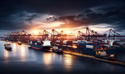 International trading port. Huge ships loaded with containers on the water under cranes. Generative AI.