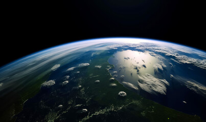 Partial panorama of planet Earth from the outer space. Clouds soaring above the globe. Top view. Generative AI.