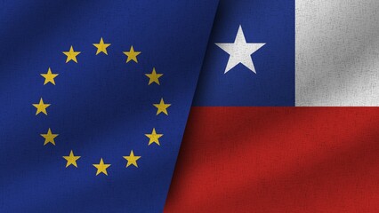 Chile and European Union Realistic Two Flags Together, 3D Illustration