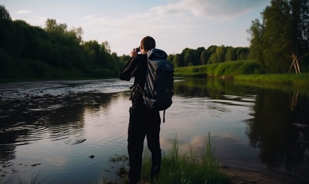 Slim man with a backpack standing on the river bank. Traveler looking at binoculars or taking pictures of beautiful nature. Generative AI.