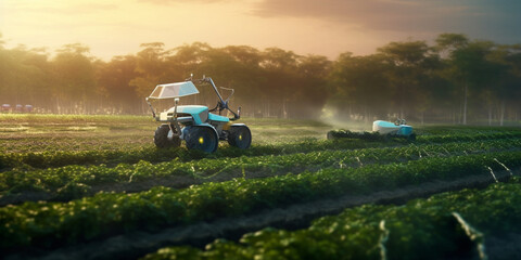Fototapeta premium Agriculture robotic and autonomous car working in smart farm, Future 5G technology