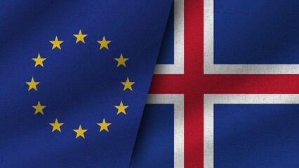 Iceland and European Union Realistic Two Flags Together, 3D Illustration