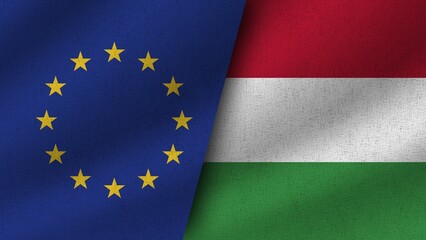 Hungary and European Union Realistic Two Flags Together, 3D Illustration