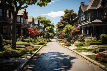 Street with suburban homes, representing a residential neighborhood and community. Generative Ai.