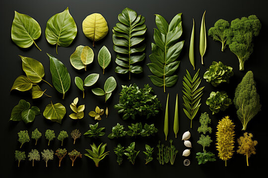 Collection of greenery, including leafy plants, forest herbs, and tropical leaves, showcasing the beauty and diversity of nature. Generative Ai.