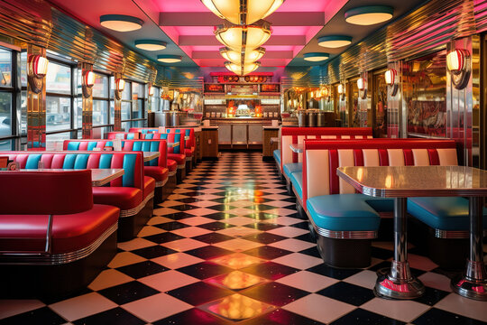 A retro diner interior with colorful booths, checkered floors, generative ai 