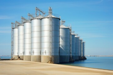 Fototapeta premium granary, metal structures for storage and export of wheat and corn. AI generated
