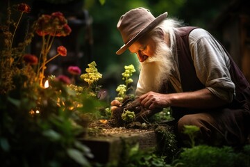 The gray-haired old man is working with growing vegetables in his garden. AI generated