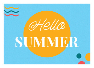 Hello Summer typographic illustration on blue background. Hello Summer lettering on sun and colorful decorations on teal background. 