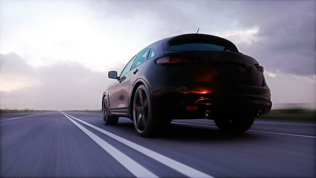 Luxury black car on highway. Very fast driving.