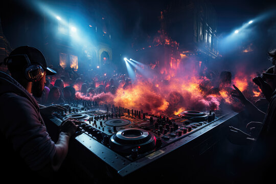 DJ night club party rave with a crowd, representing music, celebration, and a festive atmosphere. Generative Ai.