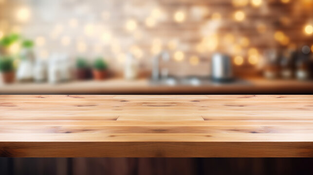 Empty Beautiful wood table top and blur bokeh modern kitchen interior background in clean and bright, Ready for product montage, generative ai 