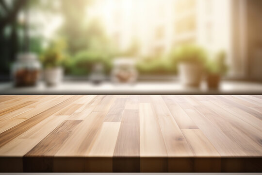 Empty Beautiful wood table top and blur bokeh modern kitchen interior background in clean and bright, Ready for product montage, generative ai 