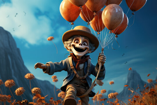 Whimsical illustration of an adorable skeleton going on an adventure with a balloon, portraying a playful and imaginative scene. Generative Ai.