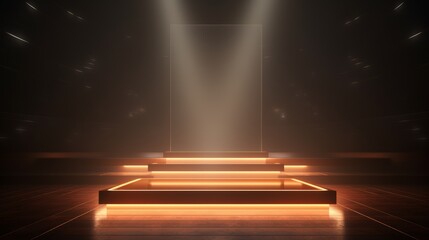 Luxury 3d display minimalist empty space podium with golden neon light lamps on black background.