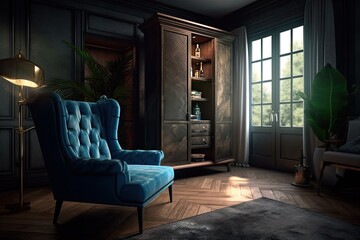 Interior of a living room with a cabinet and a chair upholstered in blue velvet. made using generative AI tools