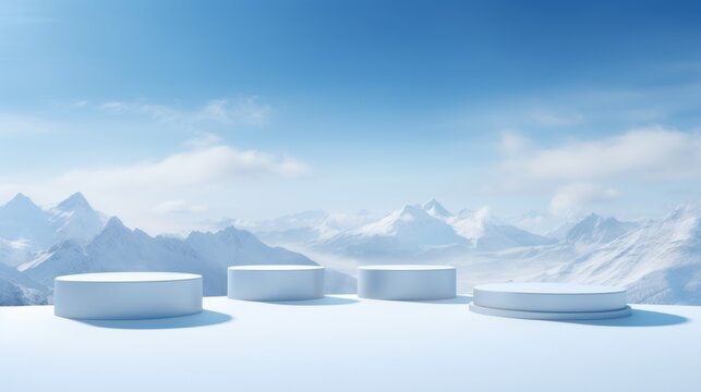 White Podiums For Product Display On The Background Mountains With Snow Sky Are Blue.