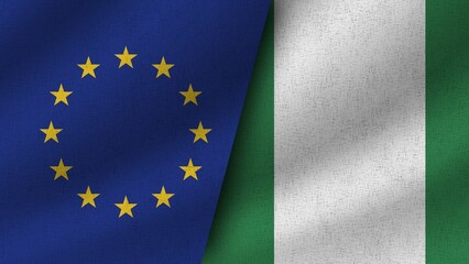 Nigeria and European Union Realistic Two Flags Together, 3D Illustration
