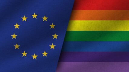 LGBT Pride and European Union Realistic Two Flags Together, 3D Illustration