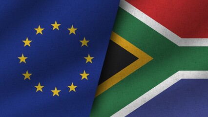 South Africa and European Union Realistic Two Flags Together, 3D Illustration